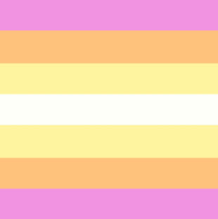 The genderflir flag, 7 horizontal stripes which from top to bottom are pink, orange, yellow, slightly yellowish white, yellow, orange, and pink.
