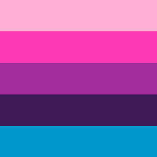The omni lesbian flag, 5 horizontal stripes which from top to bottom are light pink, magenta, medium purple, dark purple, and medium blue.