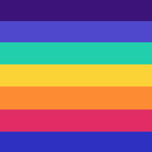 A pan-vincian flag, 7 horizontal stripes which from top to bottom are dark purple, blue-purple, mint, yellow-orange, orange, red-pink, and blue-purple.
