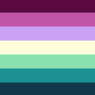 A butch gaybian flag, 7 horizontal stripes which from top to bottom are dark magenta, pink, light purple, off-white, mint, cyan, and dark cyan.
