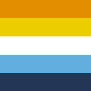 The aroace flag, 5 horizontal stripes which from top to bottom are orange, yellow, white, light blue, and dark blue.