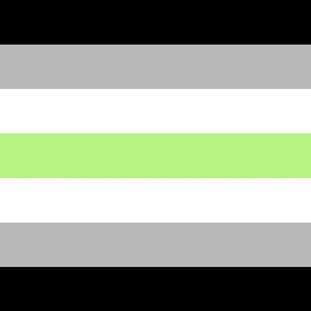 The agender flag, 7 horizontal stripes which from top to bottom are black, grey, white, light green, white, grey, and black.